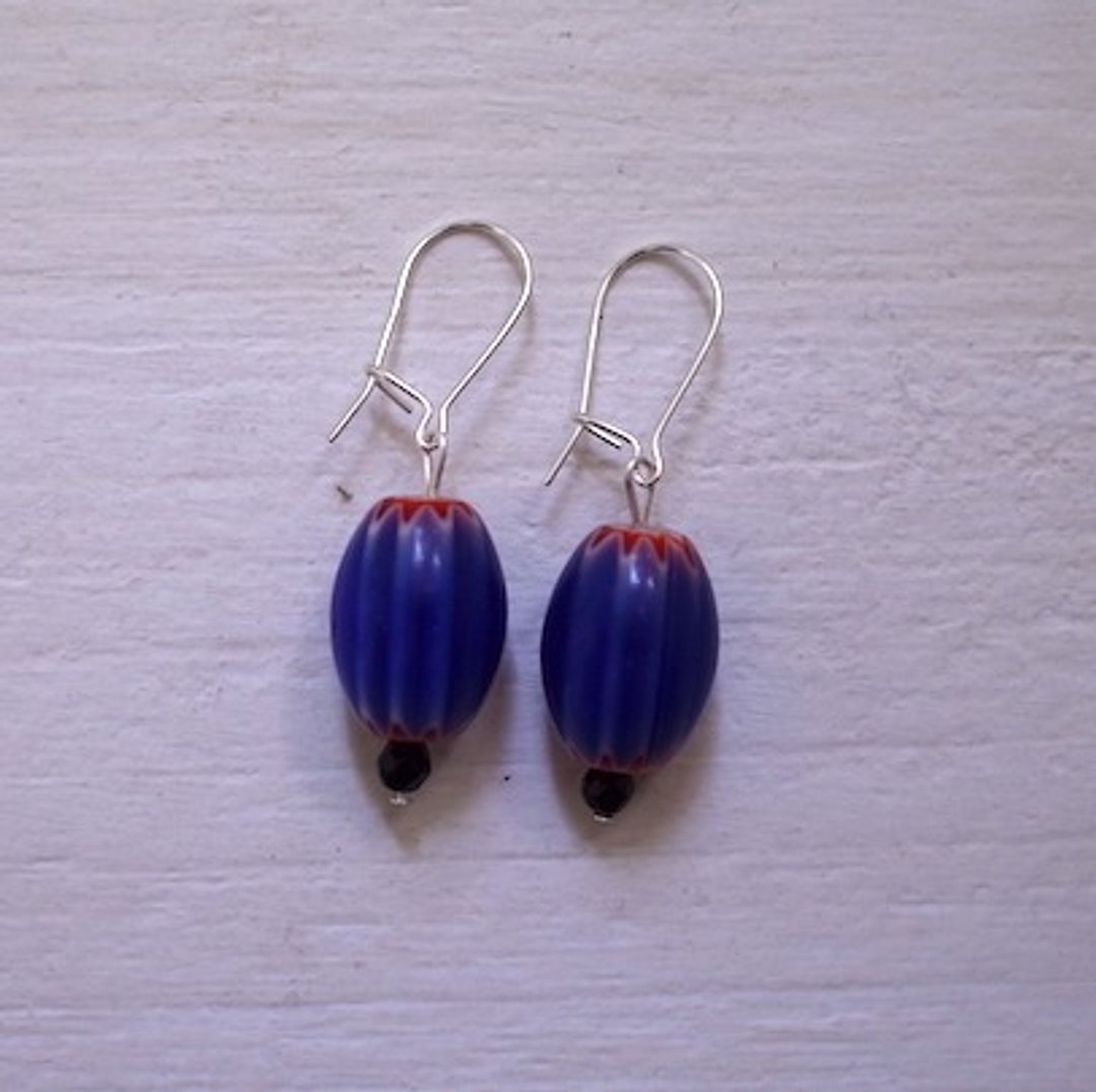 Antique Chevron Bead Earrings Silver 925 Hook - 耳环/耳夹 - 银 蓝色