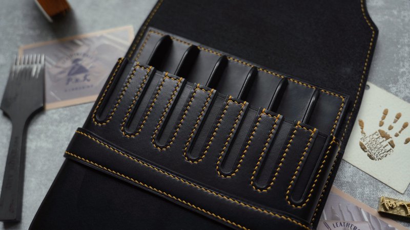 七支装钢笔套笔盒钢笔收纳盒 雪茄盒 纯手工牛皮 定制化刻字礼物 - 铅笔盒/笔袋 - 真皮 黑色