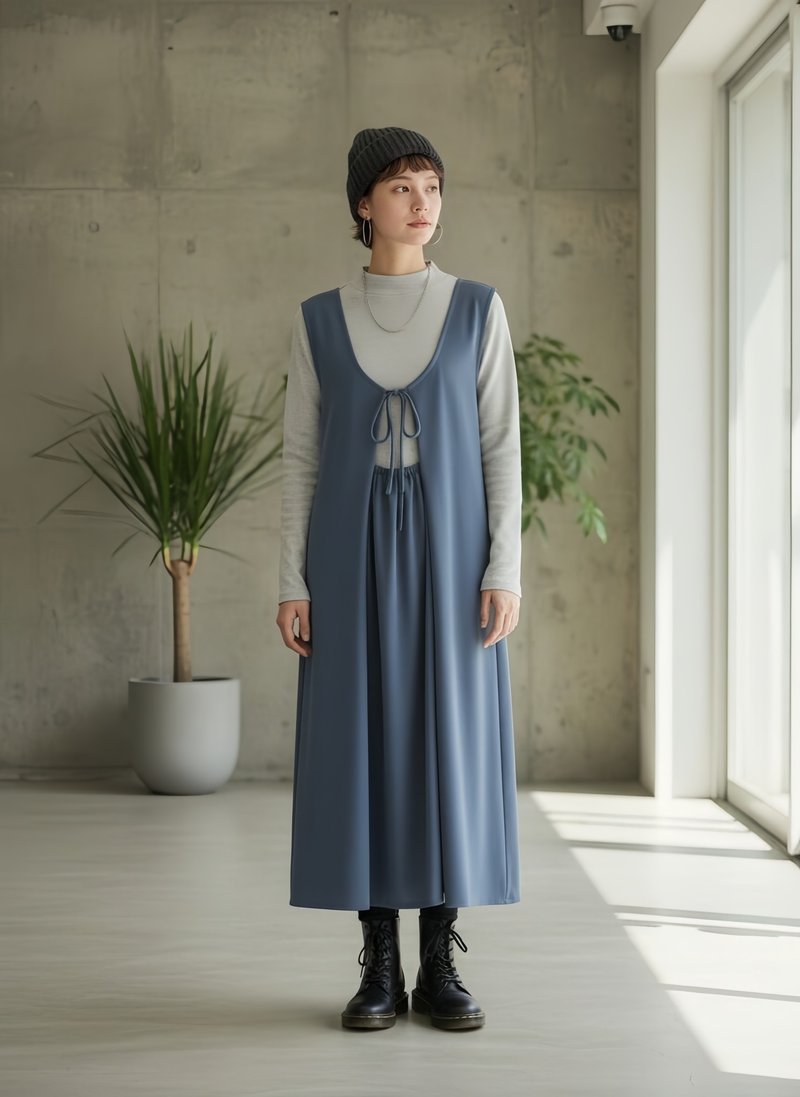 光泽缎面垂坠两穿连衣裙 - 洋装/连衣裙 - 聚酯纤维 蓝色