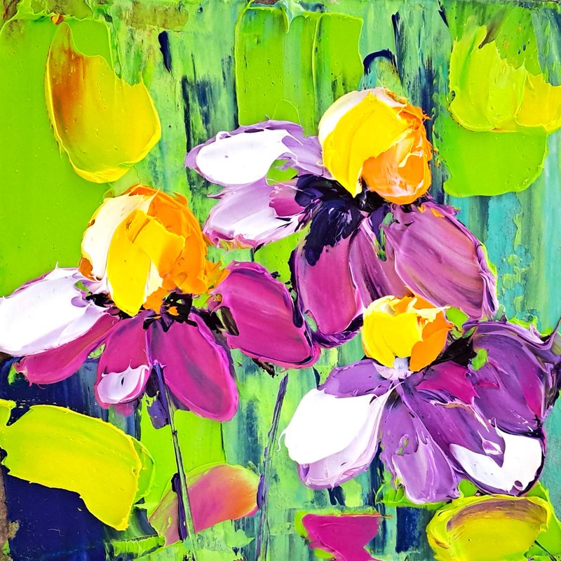 Daisies Painting Flowers Original Art Pink Daisy Impasto Oil Painting Floral Art - 海报/装饰画/版画 - 其他材质 多色
