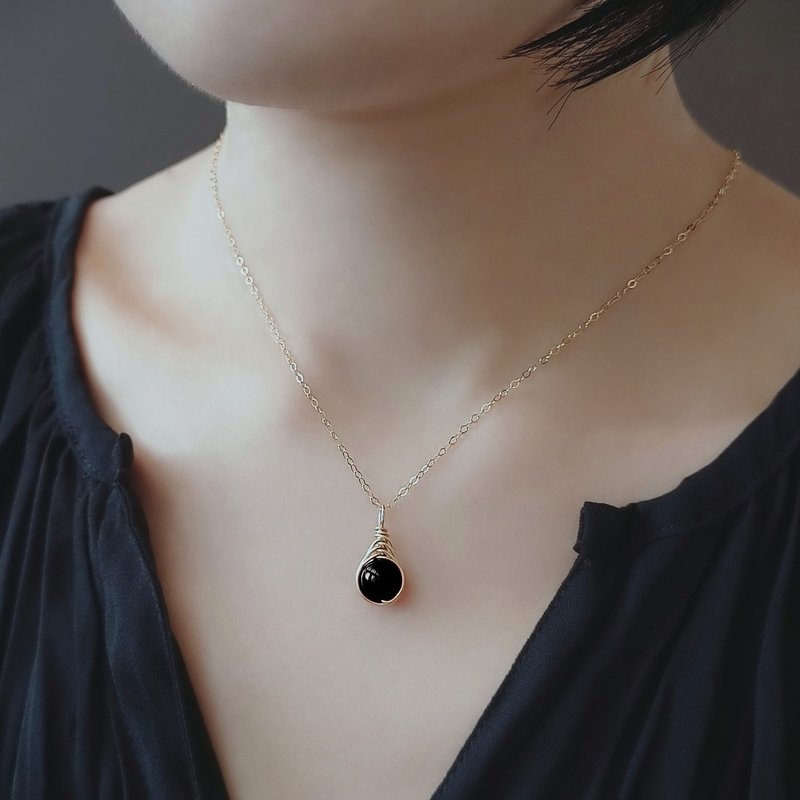 黑玛瑙 Herringbone 编织坠 14Kgf 包金项链 |  有银色款 - 项链 - 半宝石 黑色