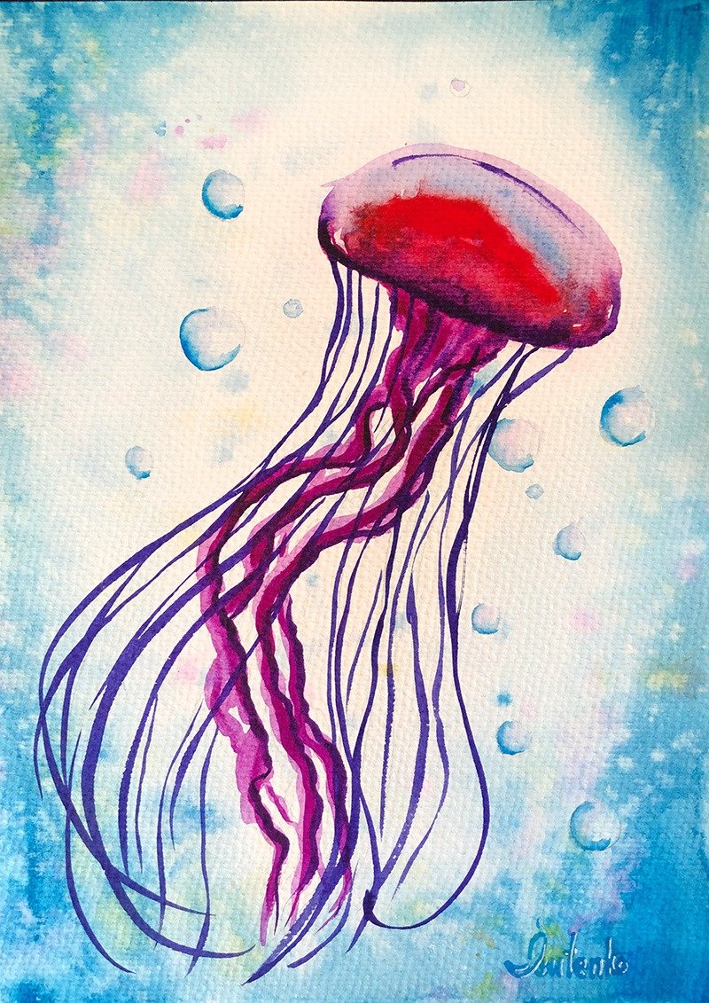 Jellyfish Painting Marine Animal Original Art Fish Artwork Seascape Wall Art - 海报/装饰画/版画 - 纸 蓝色