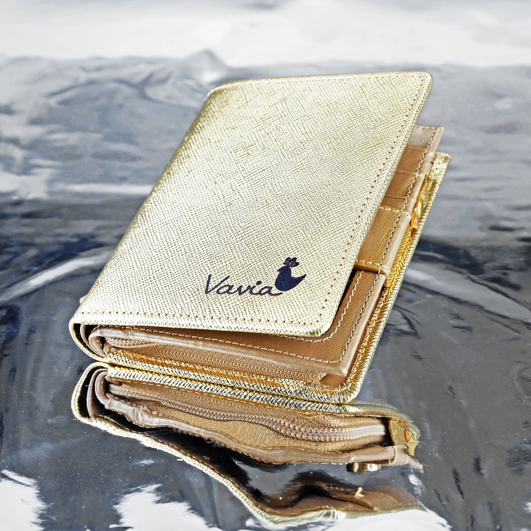 " GOLD " Pocket Book Short Wallet / Cow Leather - 皮夹/钱包 - 真皮 金色