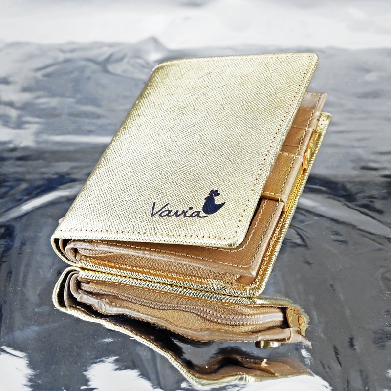 " GOLD " Pocket Book Short Wallet / Cow Leather - 皮夹/钱包 - 真皮 金色