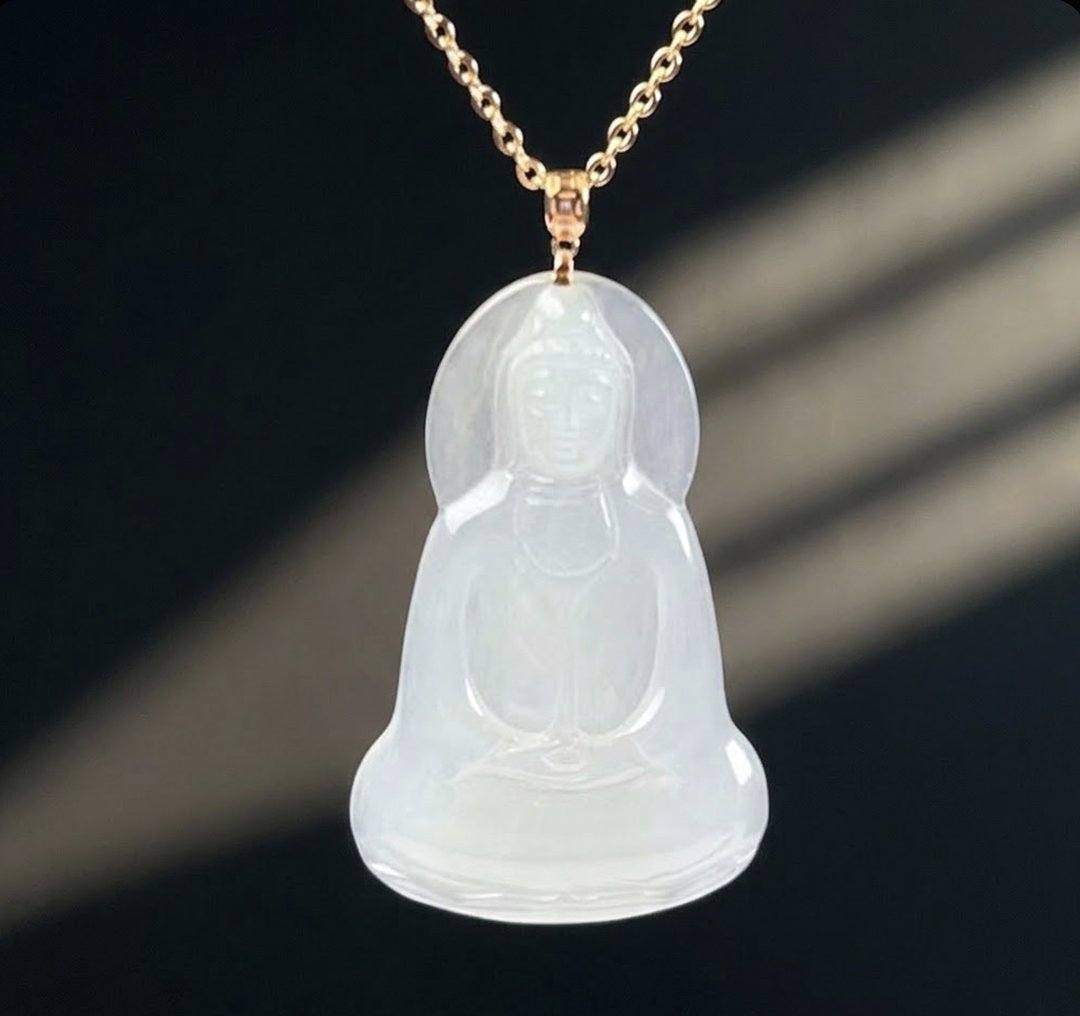 冰种翡翠宝瓶观音菩萨项链 18K 金坠头 | 天然缅甸玉翡翠 A 货 | 送礼 - 项链 - 玉石 透明