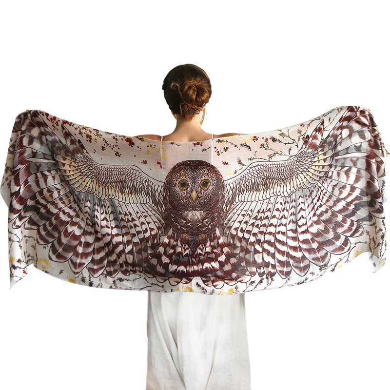 Day Owl Scarf - cotton - 丝巾 - 棉．麻 白色