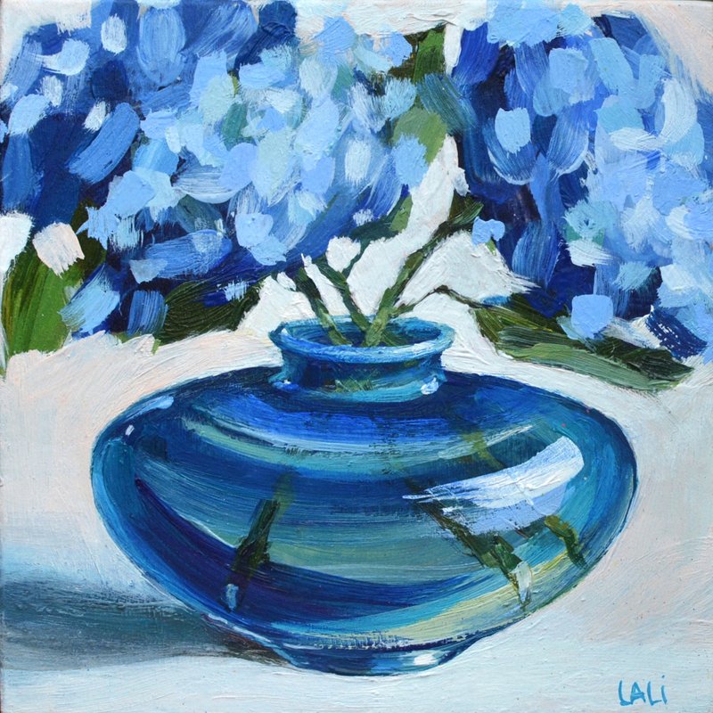 蓝色绣球花原创油画 13x13cm 花卉静物绣球花 - 墙贴/壁贴 - 其他材质 蓝色