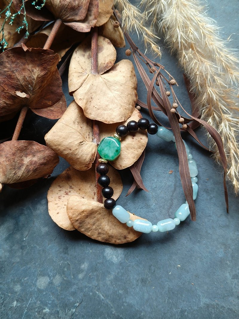 天然缅甸翡翠绿珠蓝水桶珠檀木珠手串 - 手链/手环 - 宝石 绿色