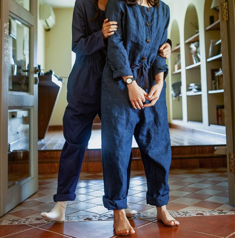 藍藍藍染 四季款工裝繫帶連身褲 優質亞麻 意大利進口高織面料 - 背带裤/连体裤 - 棉．麻 蓝色