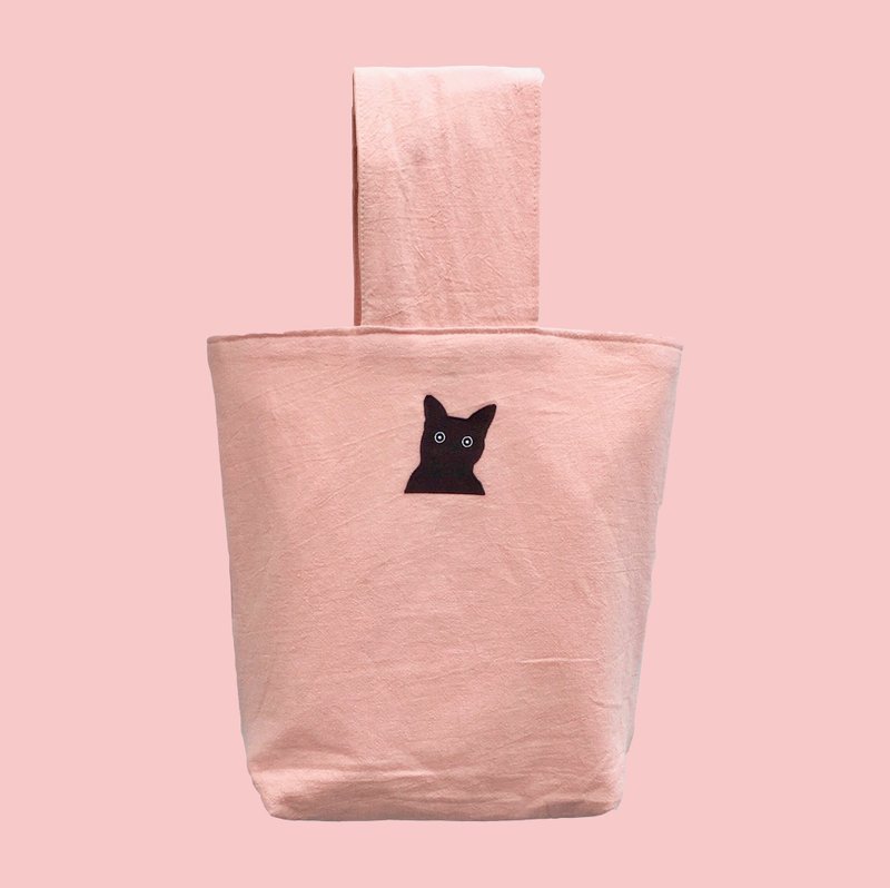 犀利希莉小猫贴布棉麻帆布复古包型手提包 粉色 A4 双层布 内袋 磁扣 大容量 情人节礼物 新年礼物 - 手提包/手提袋 - 棉．麻 粉红色