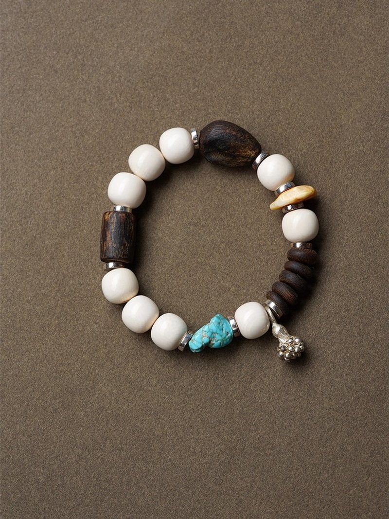 野栗 未时奇楠沉香猛犸牙多宝手串珠原矿绿松蜜蜡纯银文玩女多多 - 手链/手环 - 木头 咖啡色