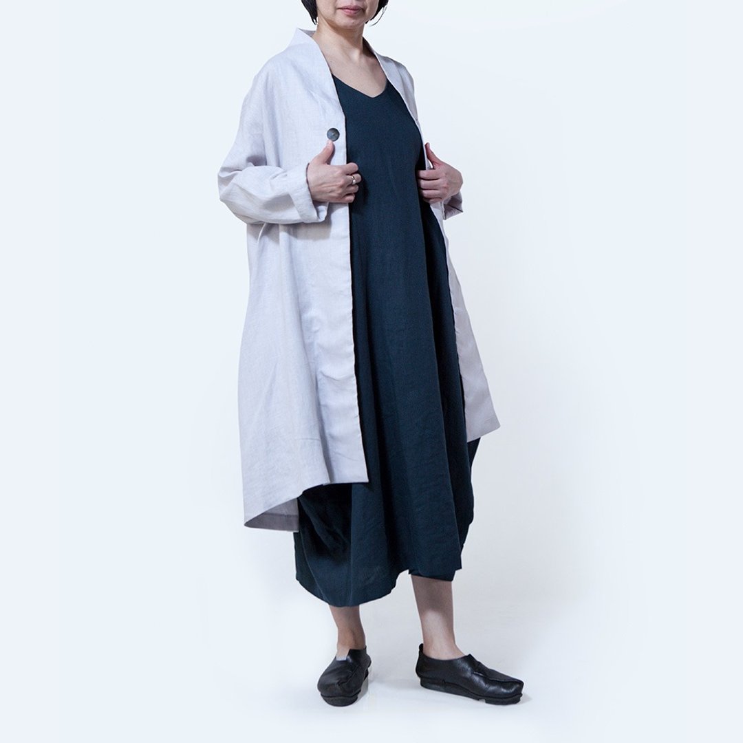 立领罩衫 - 亚麻 长版 立领 外套 / 银灰色 - 女装休闲/机能外套 - 棉 多色