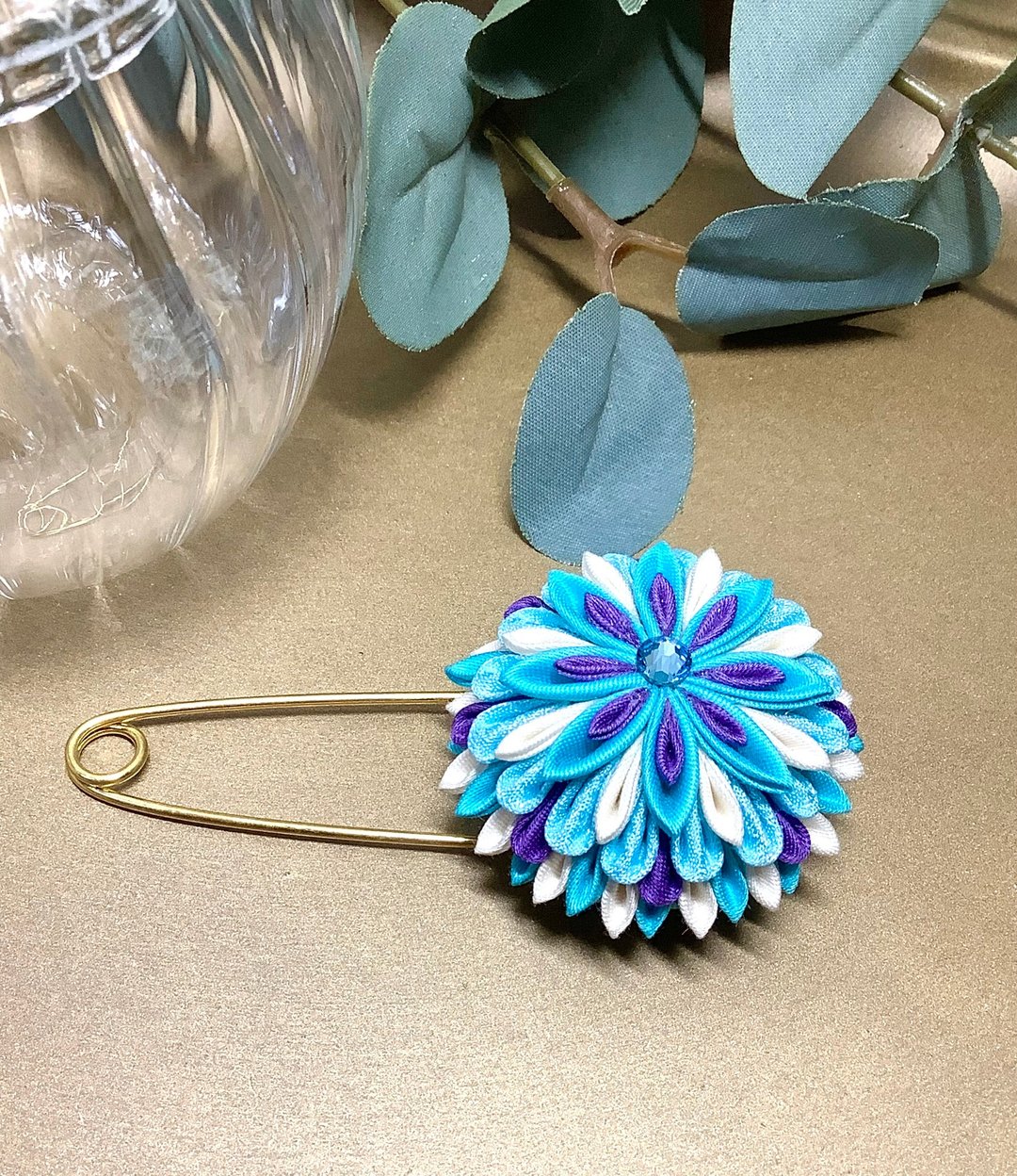 布花作品　胸针　和风布花　胸花　帽针　布花细工　优雅的 - 胸针 - 棉 蓝色
