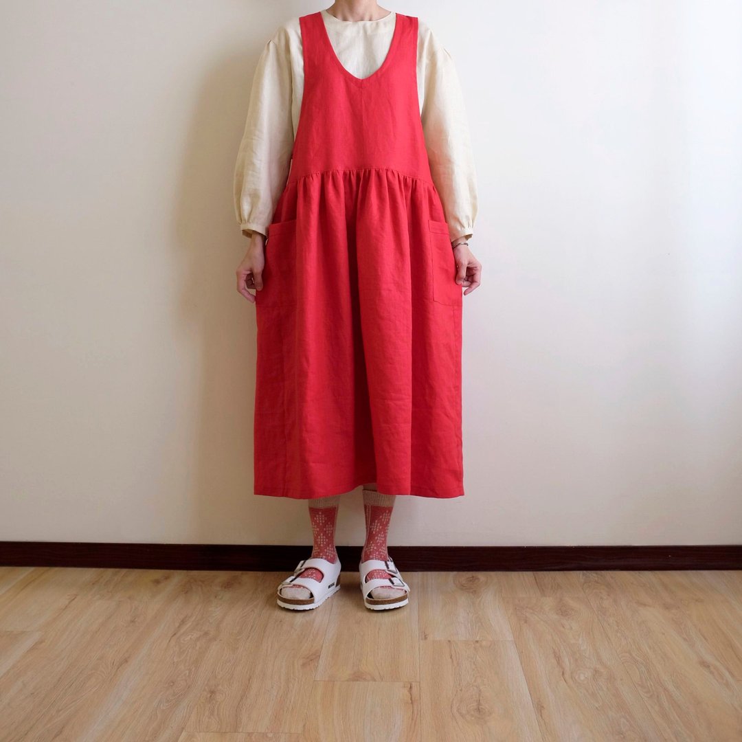 日常手作服  热情元气红亚麻口袋背心洋装  亚麻 - 洋装/连衣裙 - 棉．麻 红色