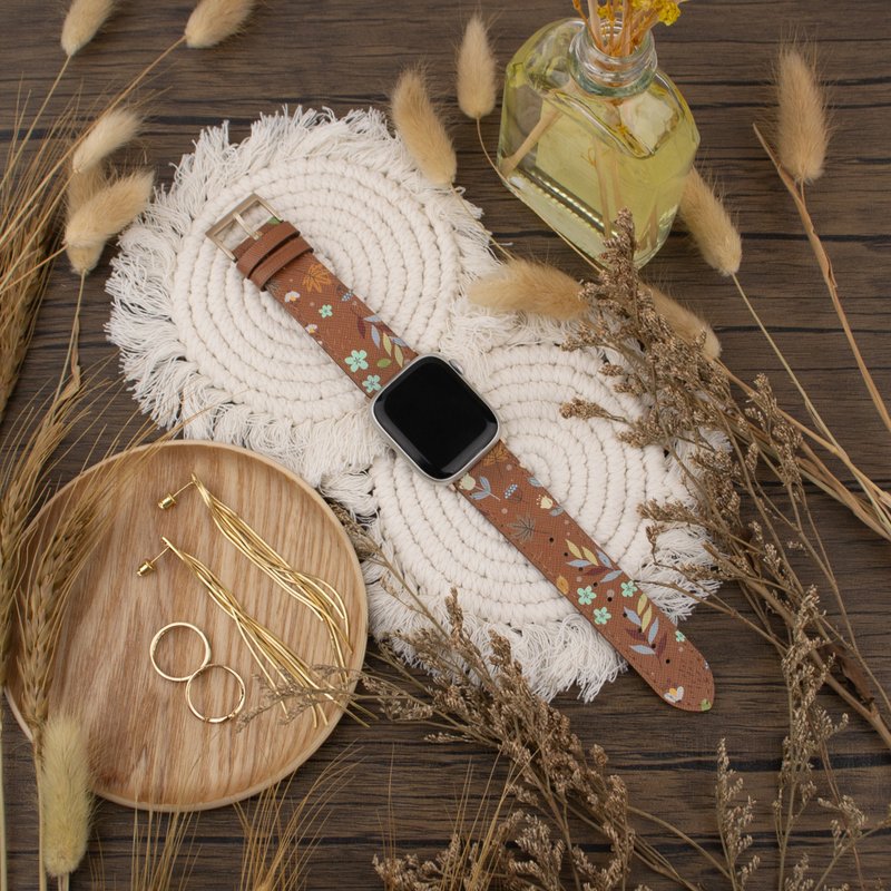 多色花朵图案啡棕色苹果表带 Apple Watch 4/5/6/7/8/9/SE/Ultra - 表带 - 真皮 咖啡色