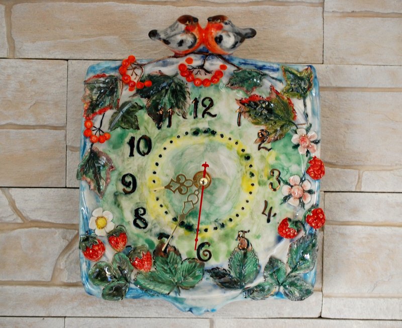 Wall Clock Love birds Ceramic panel Berries Botanical Art tile Robin Birds figu - 墙贴/壁贴 - 瓷 多色