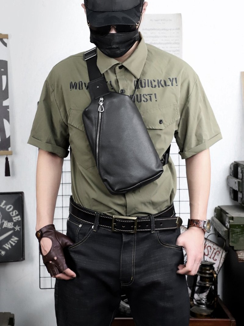 新款胸包男包真皮通勤休闲单肩包斜挎包韩版腰包潮牌牛皮小背包潮 - 侧背包/斜挎包 - 真皮 黑色