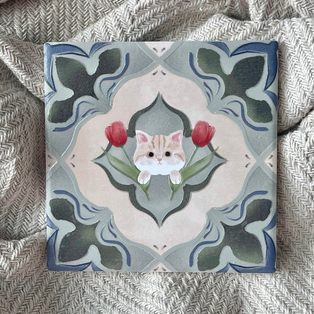 英短 花砖 杯垫 |  郁金香印象 陶瓷 立体花纹 花砖躲猫猫 - 杯垫 - 陶 多色