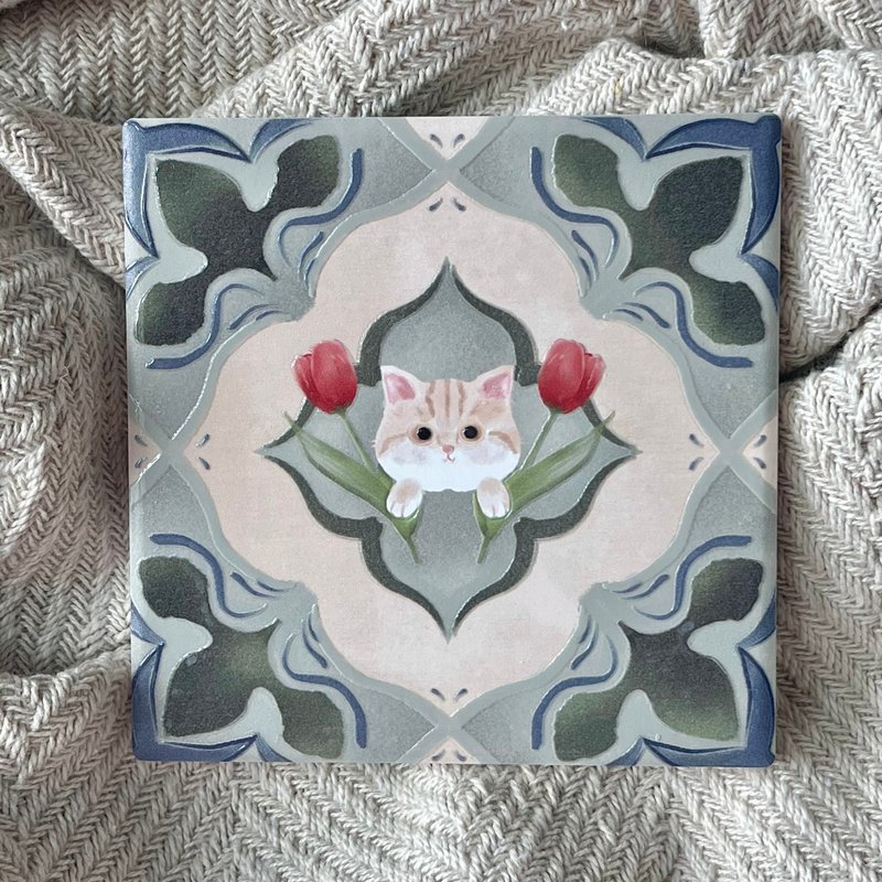 花砖躲猫猫杯垫 英短 | 婚礼小物 陶瓷 立体花纹 - 杯垫 - 陶 多色