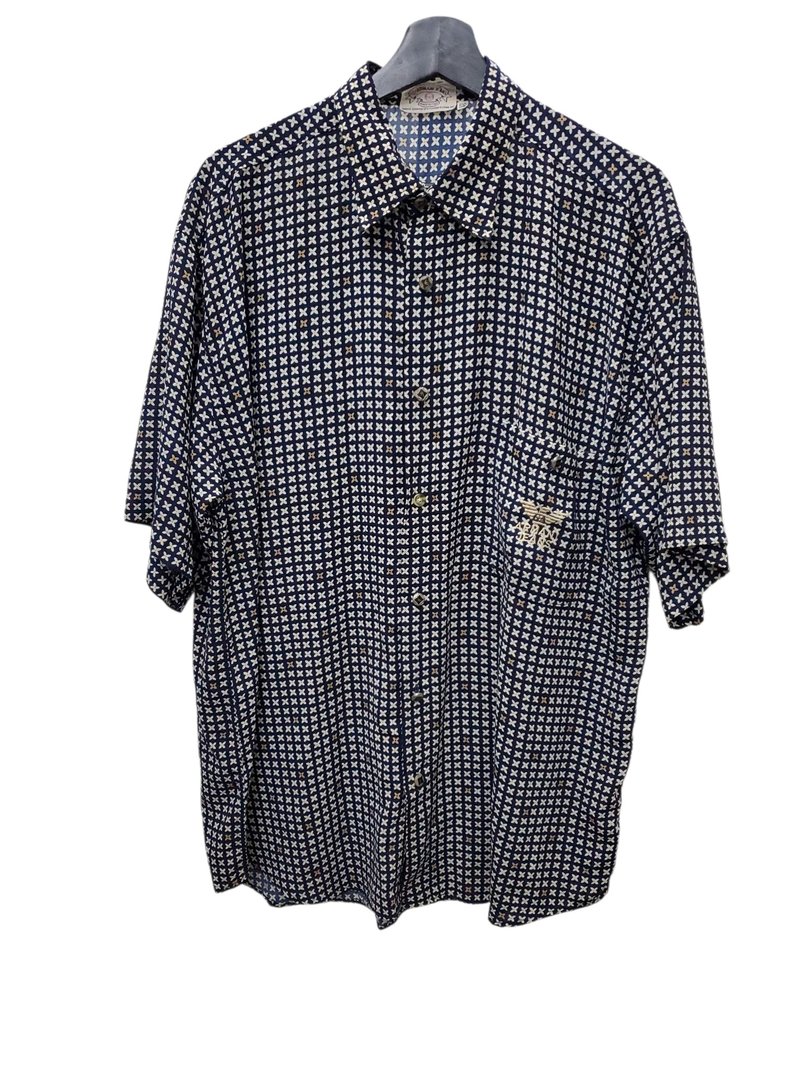 Armani jeans 意大利制 雪纺丝质感 刺绣 几何图腾 短衬 L号 近全 - 男装衬衫 - 棉．麻 蓝色