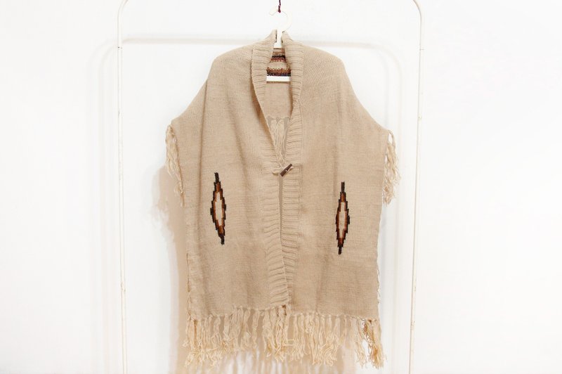 民族风围巾背心/印地安流苏开衫披巾/波希米亚斗篷披肩/针织披巾 - 丝巾 - 羊毛 卡其色
