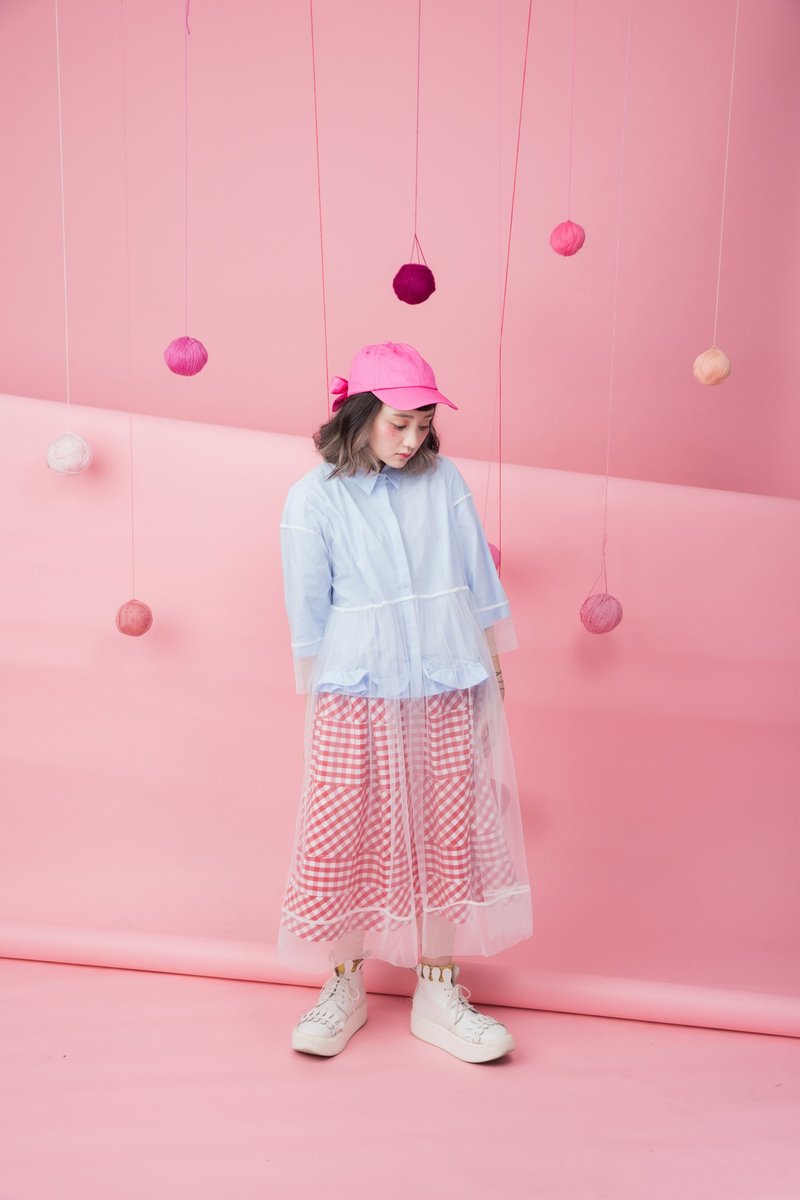 :EMPHASIZE古着感不同方向排列格纹腰紧棉麻圆裙-红白 - 裙子 - 棉．麻 红色