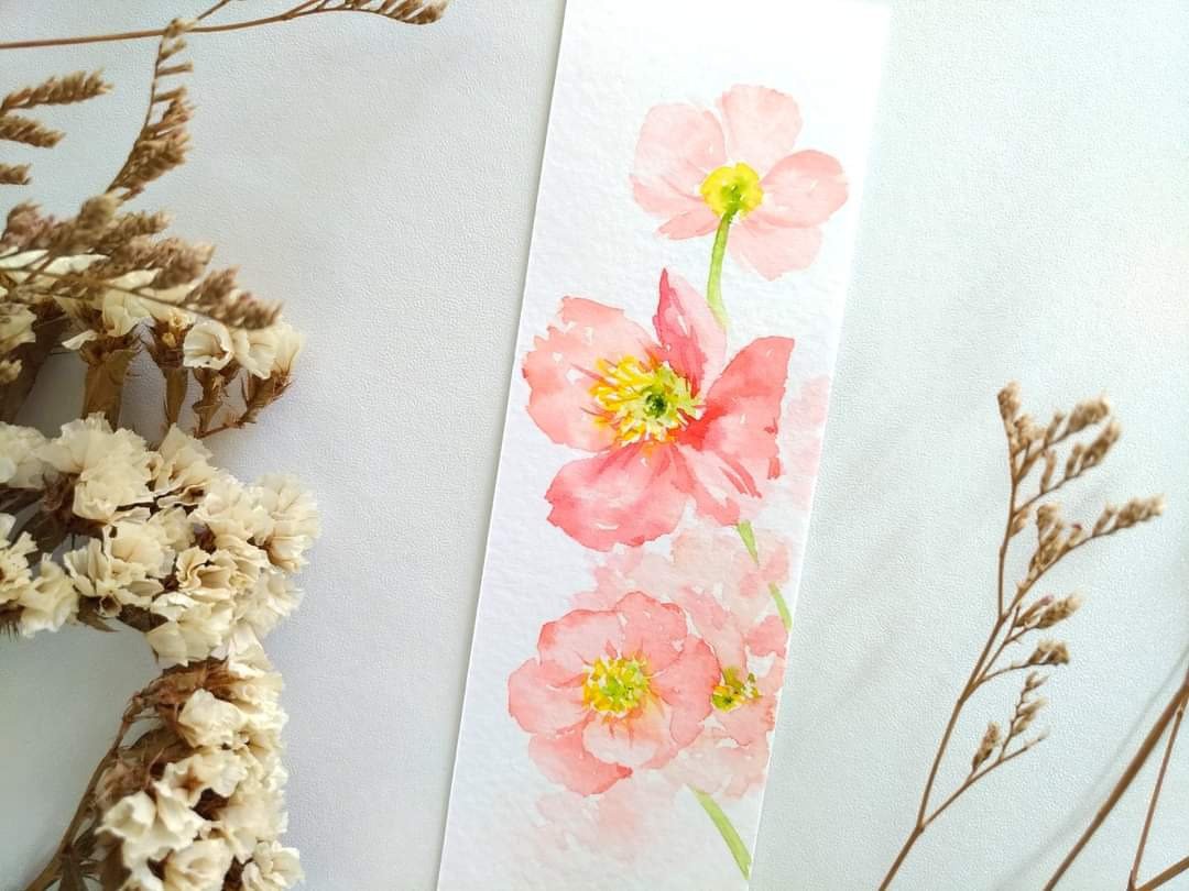 冰岛罂粟花 温柔的爱 水彩花草插画书签 情人礼物祝福卡片 (原画) - 海报/装饰画/版画 - 纸 粉红色