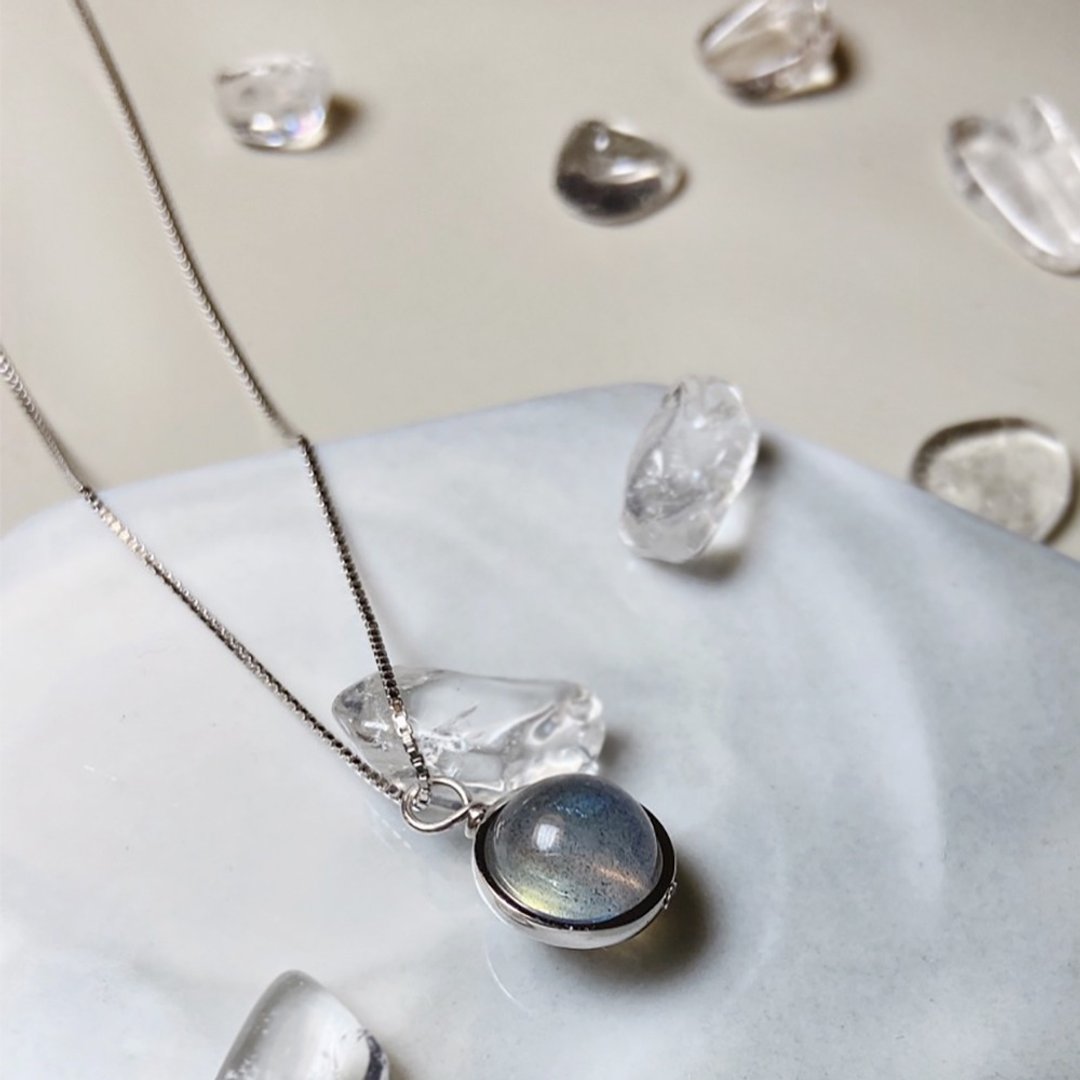 光芒拉长石纯银镶嵌优雅 水晶天然石纯银项链 Labradorite - 项链 - 纯银 银色