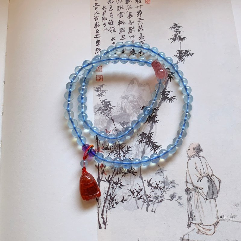 风前吟。海蓝宝双圈手串 紫水晶 南红玛瑙小脚丫 草莓晶蝴蝶手链 - 手链/手环 - 水晶 蓝色