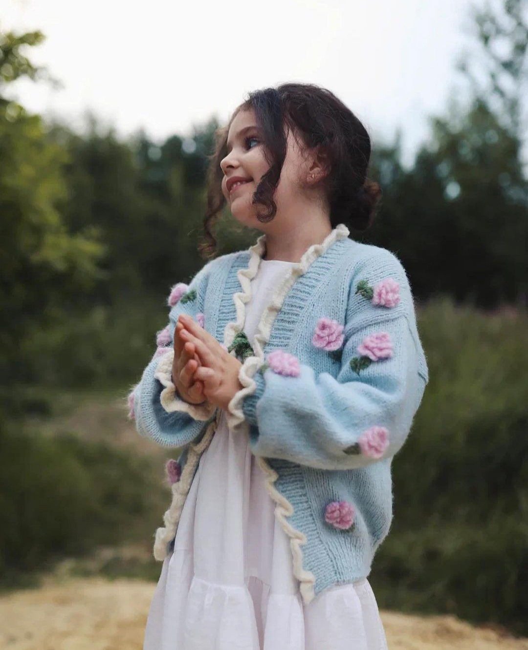 玫瑰开襟衫, 针织开襟衫, 儿童开襟衫, 婴儿衣服, 儿童, 玫瑰 - 其他 - 羊毛 蓝色