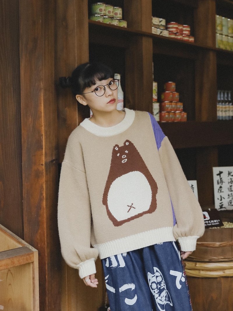 Meugler牛稠岛 玩具馆 拼色麻花憨狸猫肥袖短毛衣 - 女装针织衫/毛衣 - 棉．麻 