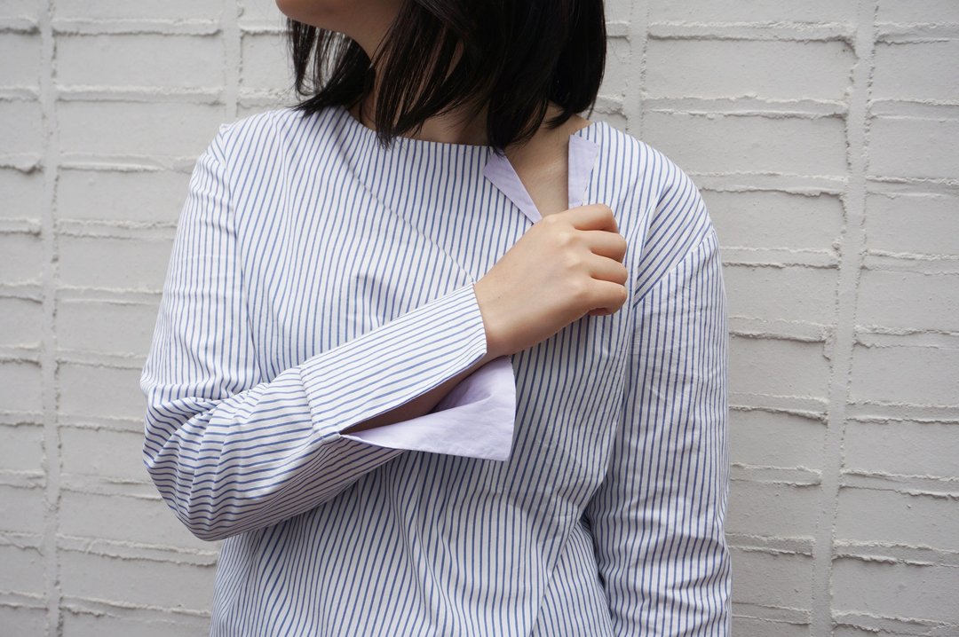 Stripes Bicolor Japanese Cotton Long-sleeved Boxy Shirt - 女装上衣 - 棉 蓝色