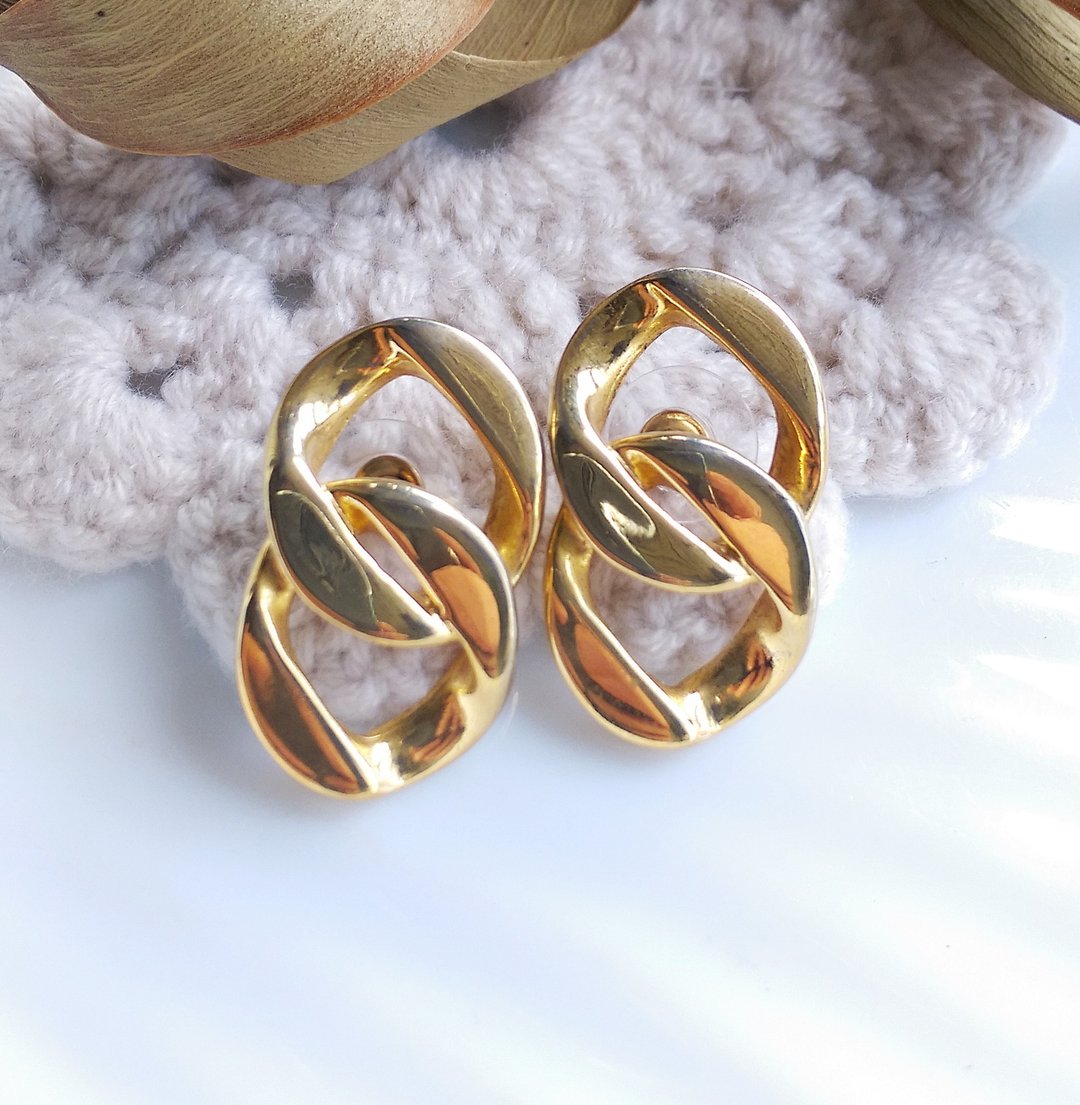 Vintage Jewelry 西洋古董饰品 金色调 复古简约 针式耳环 - 耳环/耳夹 - 其他金属 紫色