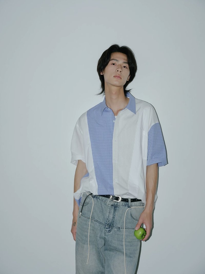 我爱学长 蓝色格子拼接短袖衬衫 - 男装衬衫 - 其他材质 白色
