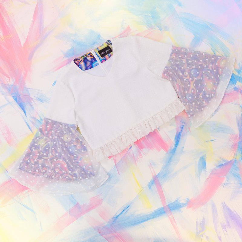 白色暗格上衣拼刺绣波点轻纱喇叭袖 - 女装上衣 - 聚酯纤维 白色