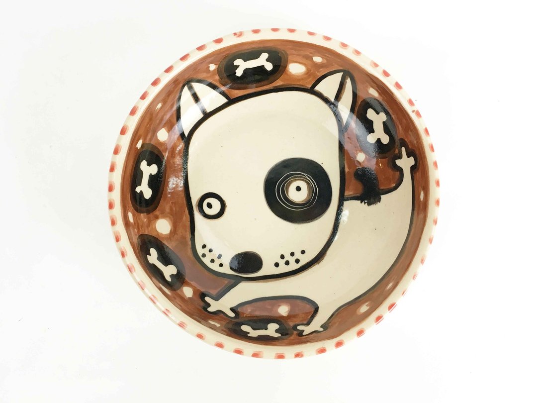 Nice Little Clay 手工浅大碗 快乐黑轮狗 02011-08 - 碗 - 陶 咖啡色