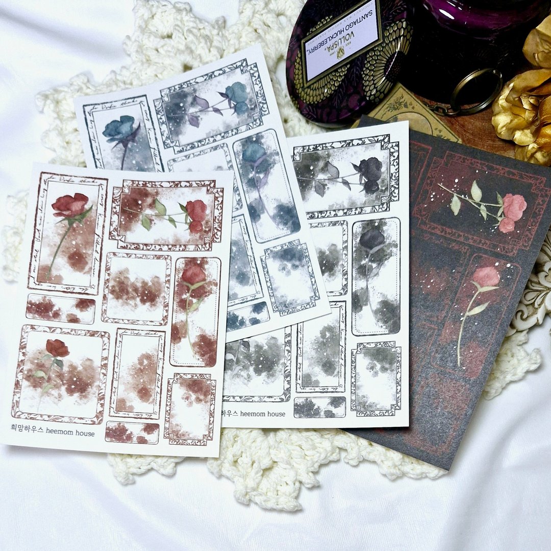 水彩玫瑰花框纸胶带 - 贴纸 - 纸 白色