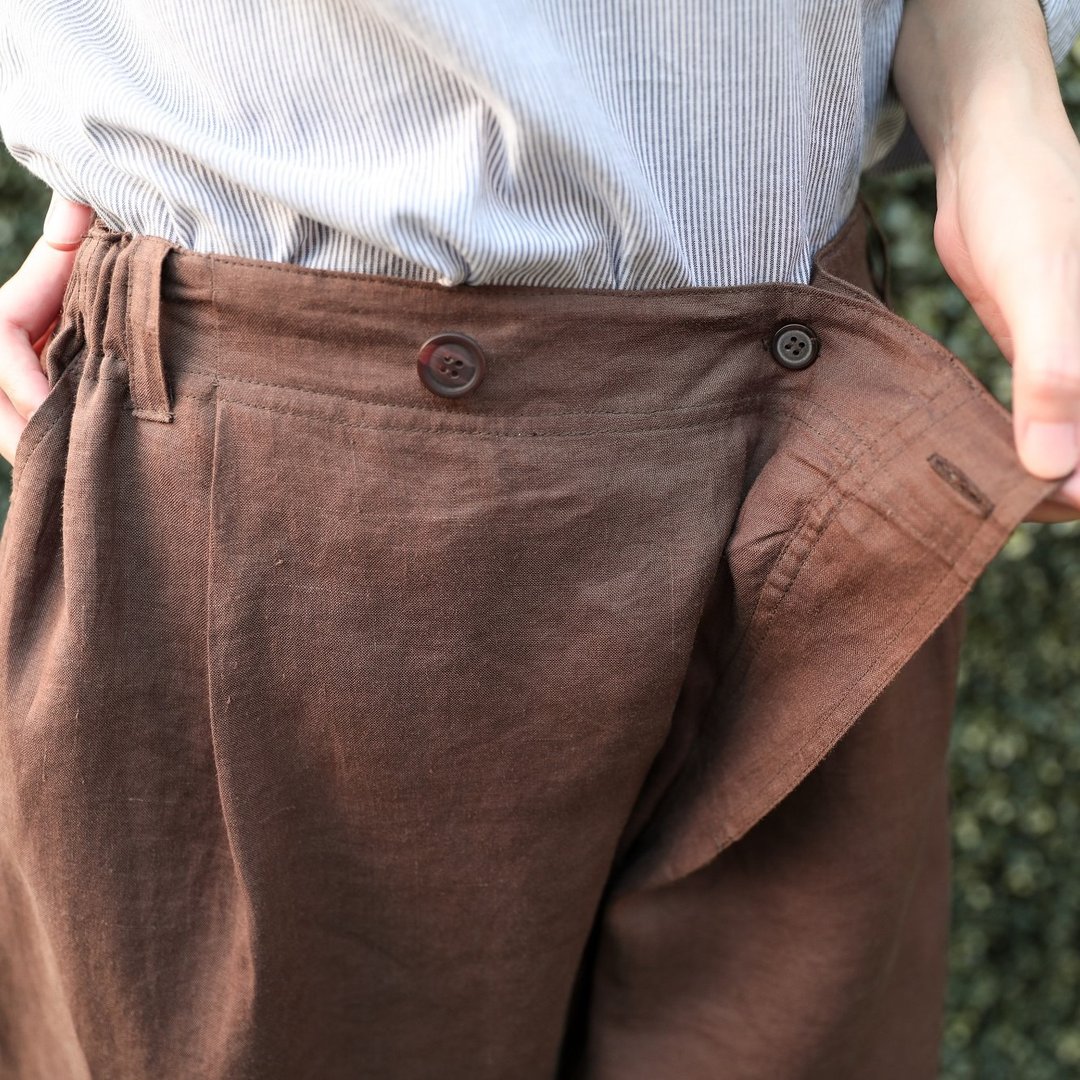 Natural  Linen Pants with asymmetric button detail  - Chocolate Brown - 女装长裤 - 亚麻 咖啡色