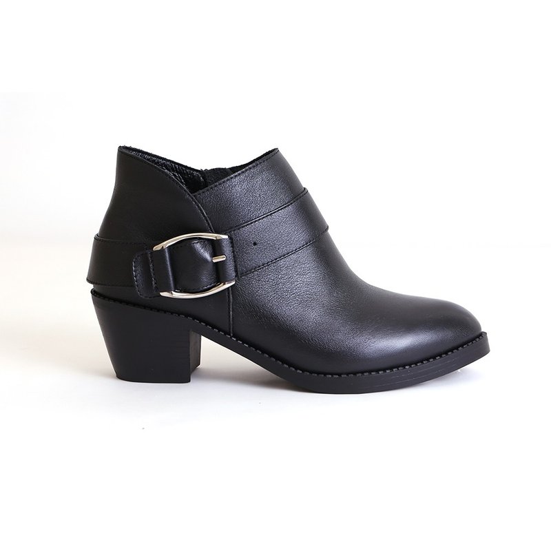 Maffeo 短靴 柔软气垫底 单边金属扣饰侧V口修饰真皮短靴 机车靴 马靴 (220 黑色) - 女款短靴 - 真皮 黑色