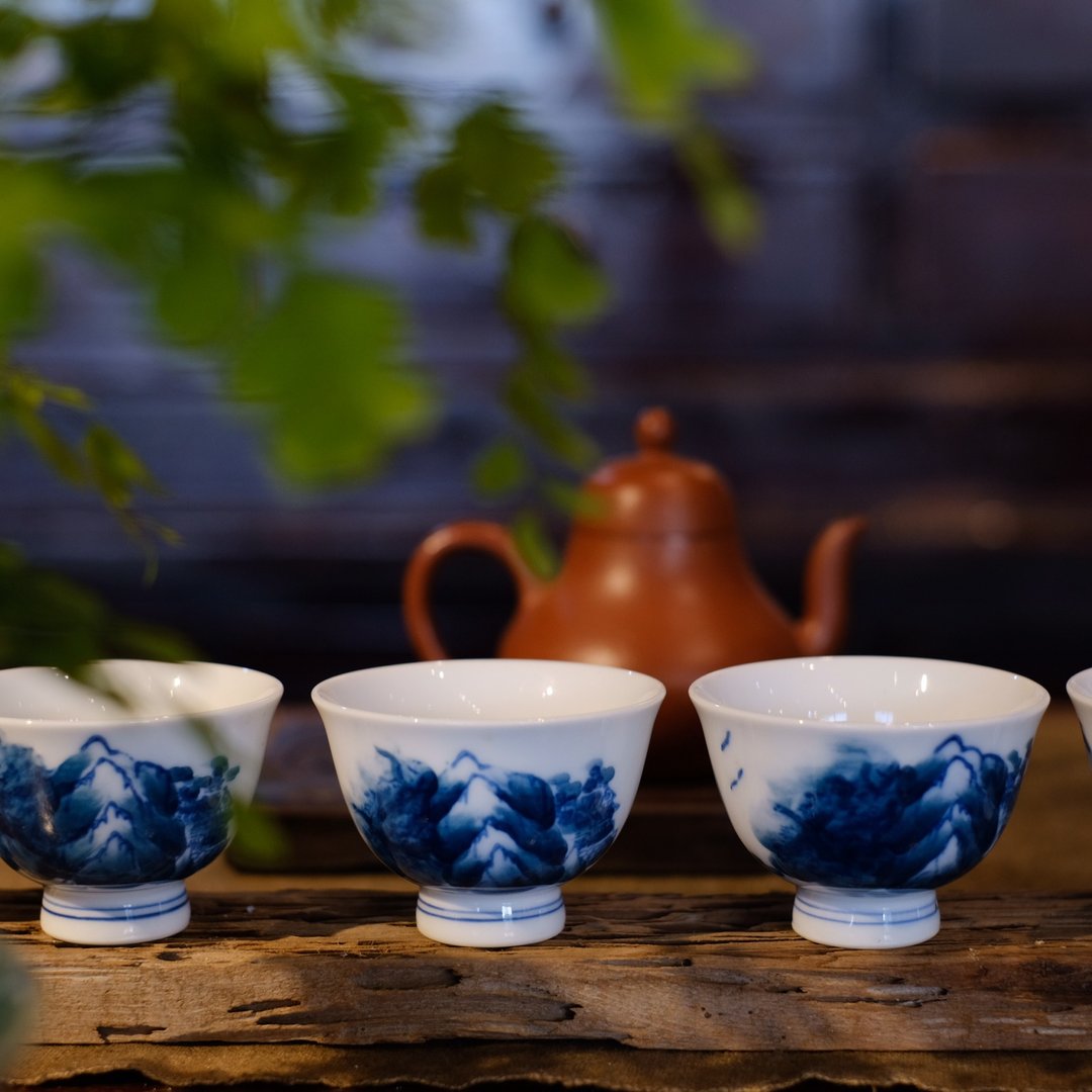 【日本古美术】染付山水 青花瓷杯 6客 仙月作 - 茶具/茶杯 - 瓷 