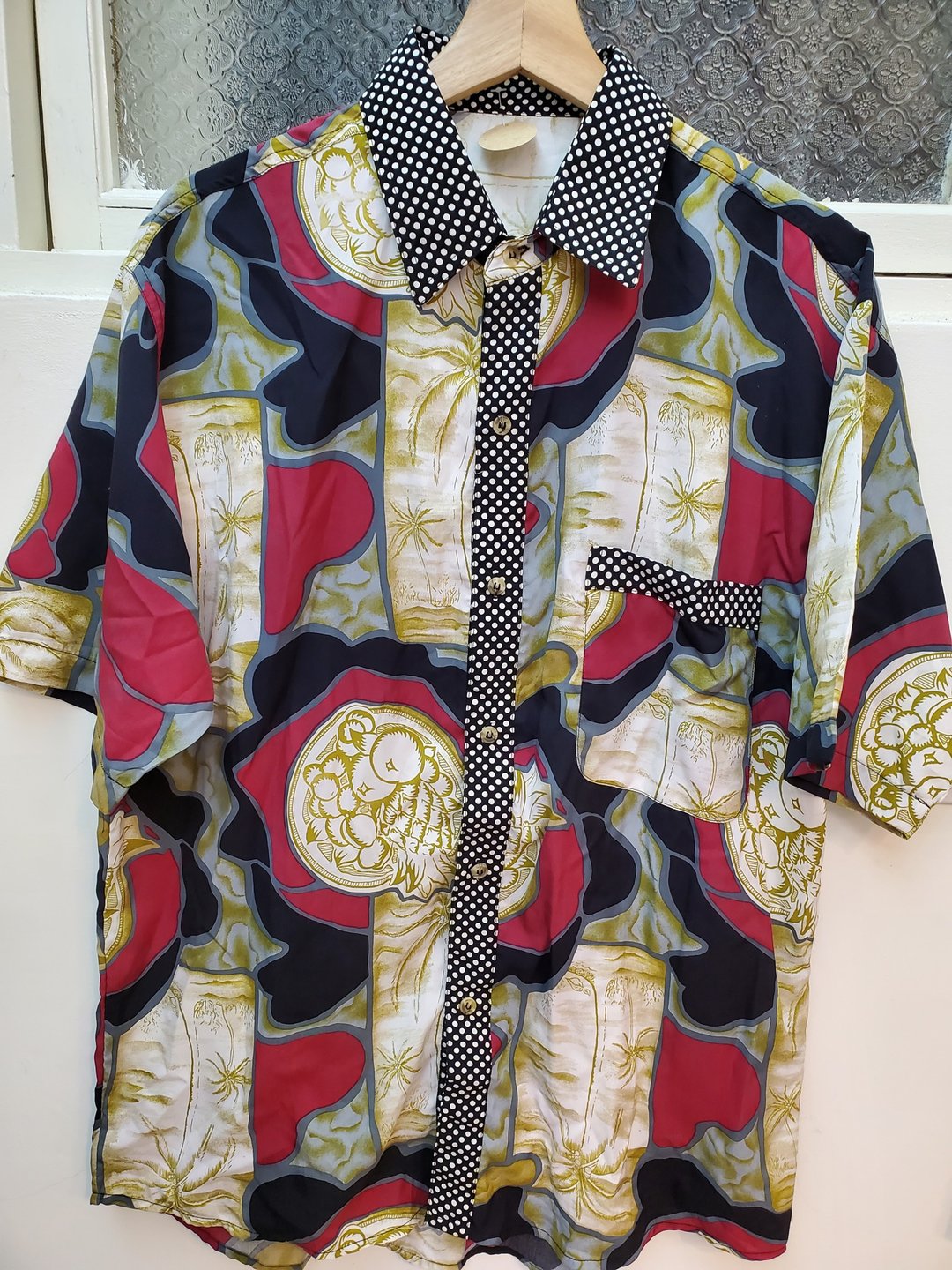 日本古着 丝质 波卡拼接花卉图腾 短袖衬衫 L号 近全新 - 男装衬衫 - 棉 多色