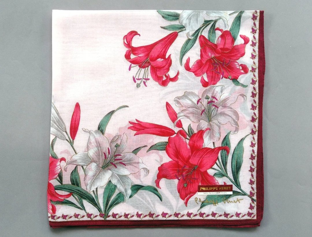 Philippe Venet Vintage Handkerchief Women Handkerchief Lily 17 x 16.5 inches - 手帕/方巾 - 棉 红色