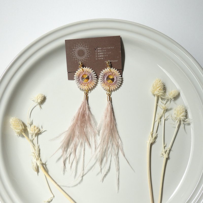 Fluffy natural feather earrings / pale pink / silk thread / shipping free - 耳环/耳夹 - 丝．绢 粉红色
