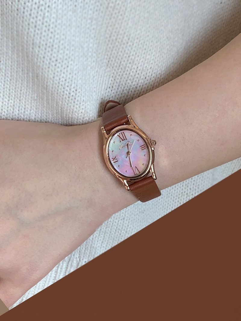 【Ven & Qu】宝石玫瑰金-蛋白石腕表 – 23×27 mm 表壳, 棕色皮 - 女表 - 不锈钢 粉红色