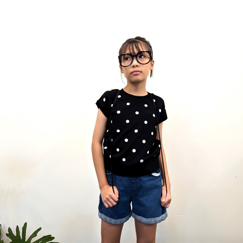 TiDi×ViF 大女童黑底白点点短袖针织上衣/短版上衣 两种尺寸 - 童装上衣 - 棉．麻 黑色