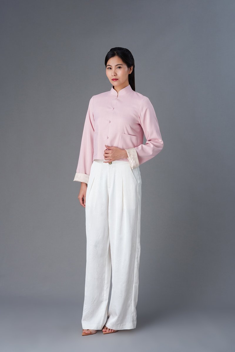 短款亚麻唐装外套 (粉红色/ 香槟色) |香港设计 - 女装衬衫 - 棉．麻 粉红色