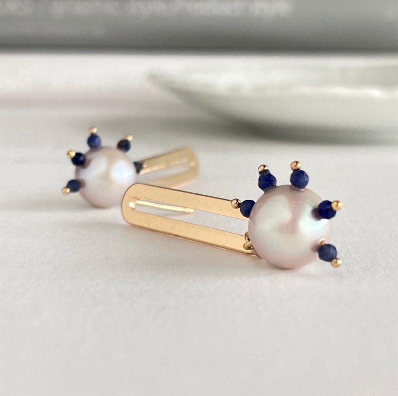 长圆形 椭圆耳环 淡水巴洛克珍珠 缀饰蓝锥矿（Iolite）点点设计款耳环 - 耳环/耳夹 - 珍珠 多色