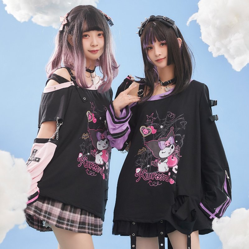 原创三丽鸥SANRIO授权酷洛米肩带条纹拼接露肩接袖T恤【JJ5019 - 女装 T 恤 - 棉．麻 