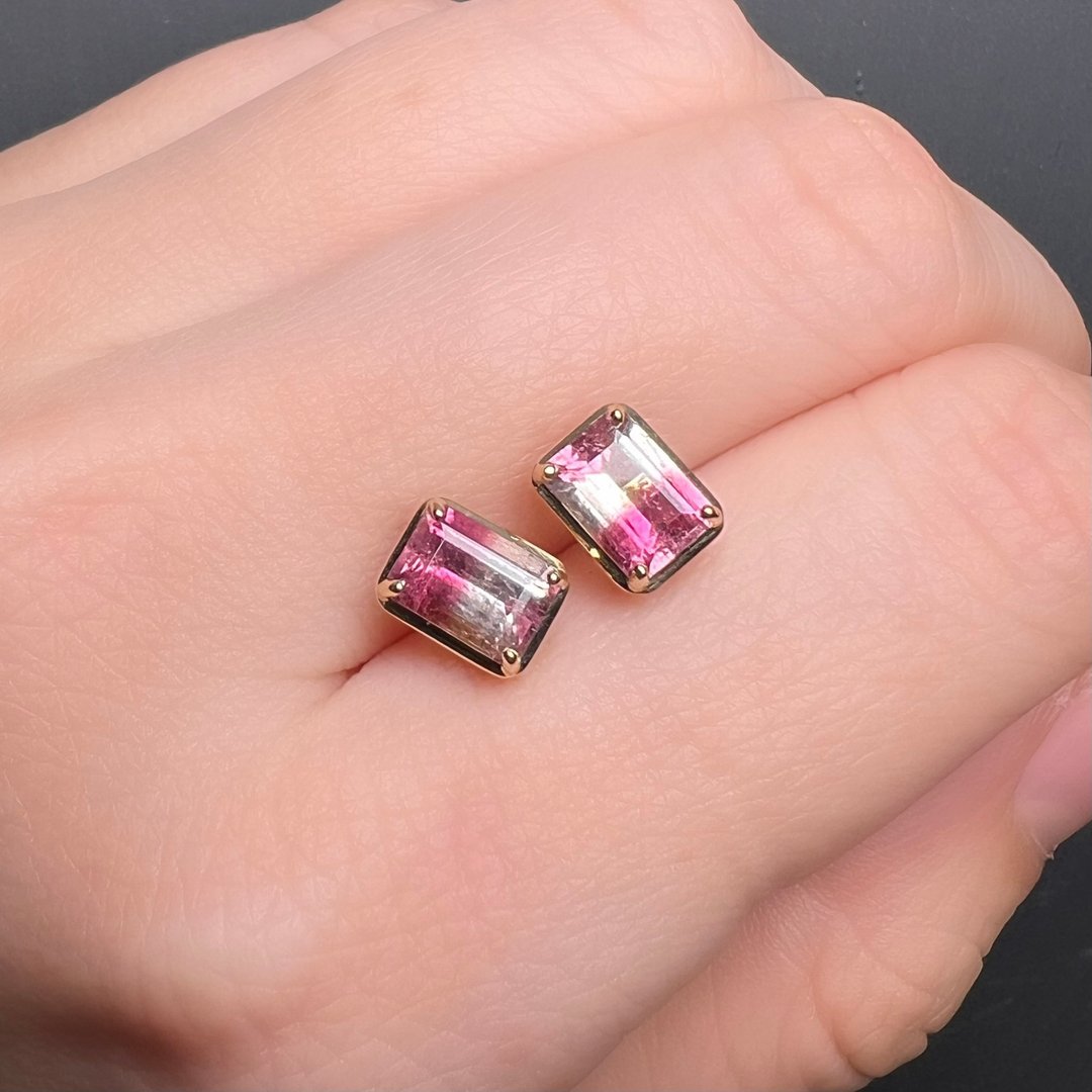 The Fusion - 天然樱桃粉红渐变双色碧玺 (1.85ct) 18k黄金耳环 - 耳环/耳夹 - 贵金属 金色