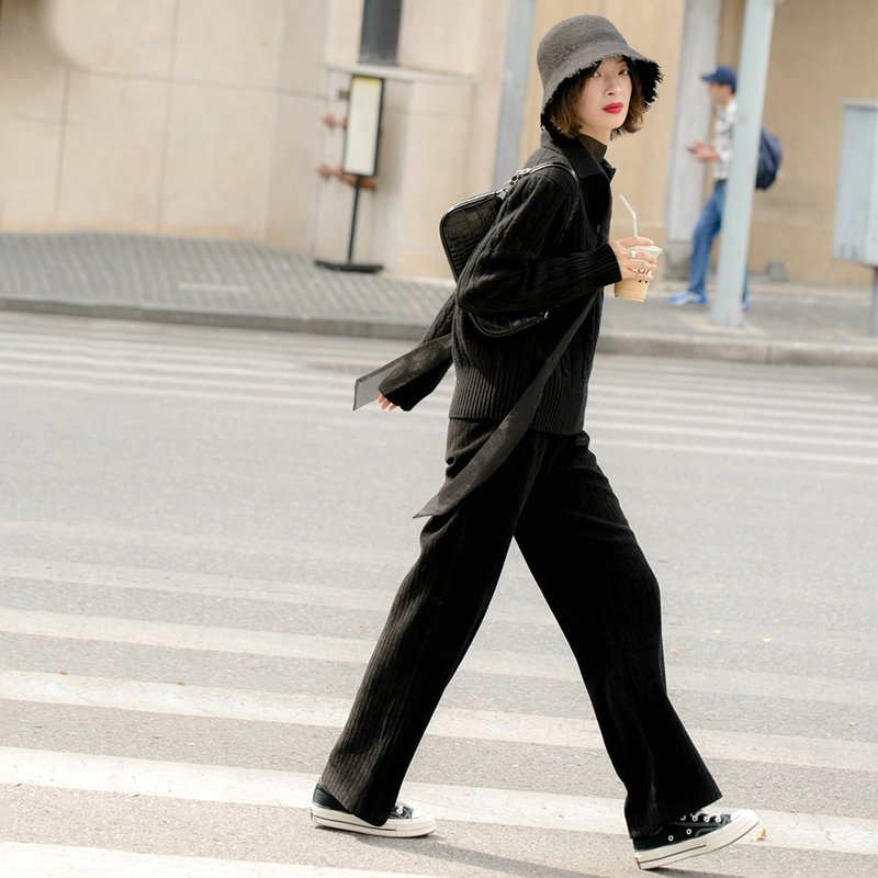 高腰松紧拖地阔腿裤|裤子|冬款|涤纶|Sora-410 - 女装长裤 - 其他人造纤维 黑色